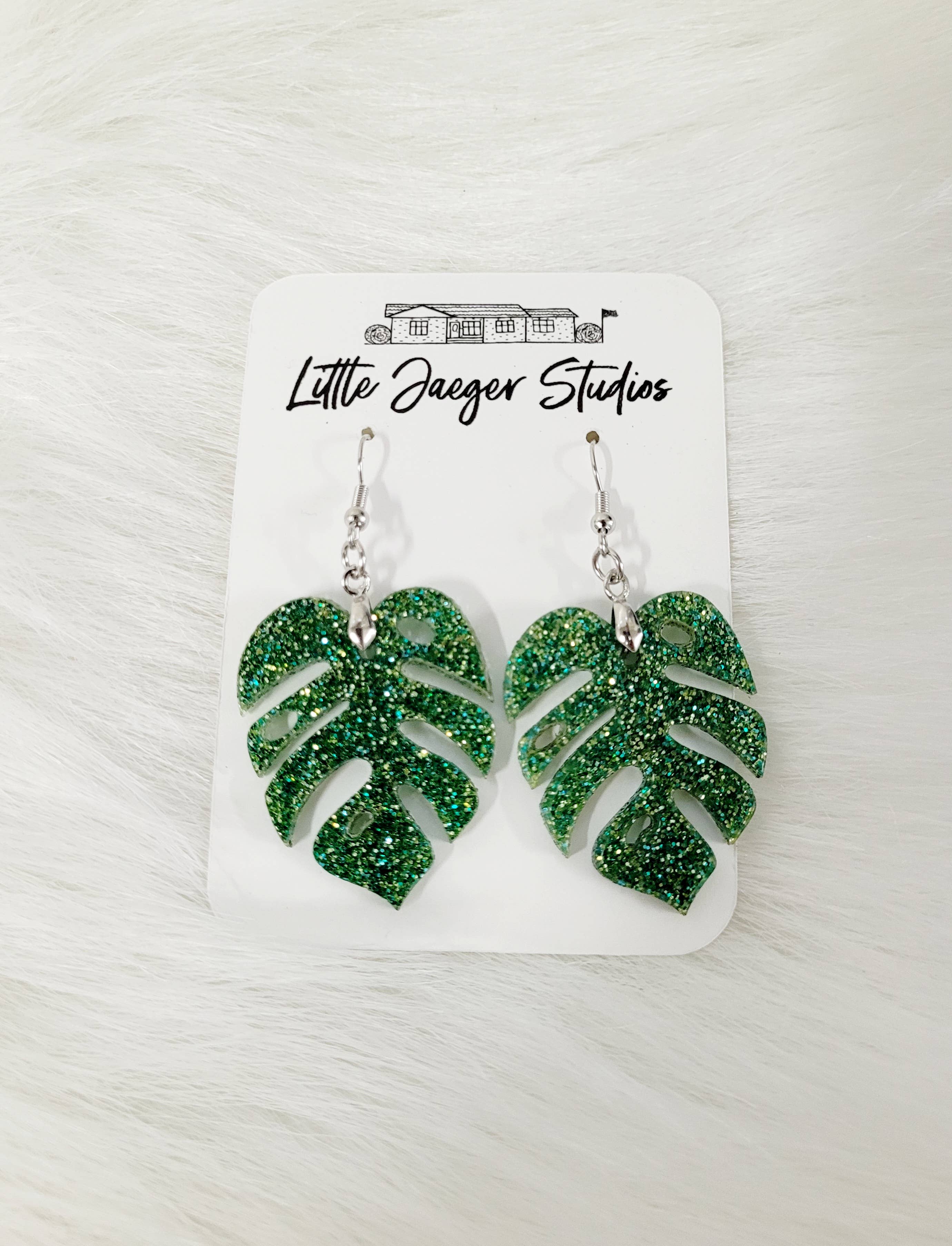 Little Jaeger Studios - Wholesale Dangle Earrings - Monestra Plant Leaf Glitter Acrylic Handmade Earrings1