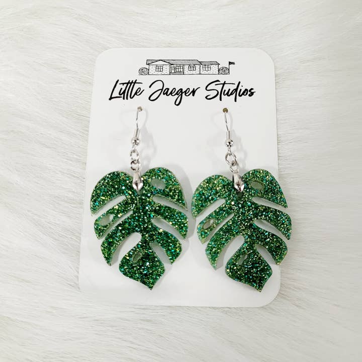 Little Jaeger Studios - Wholesale Dangle Earrings - Monestra Plant Leaf Glitter Acrylic Handmade Earrings1