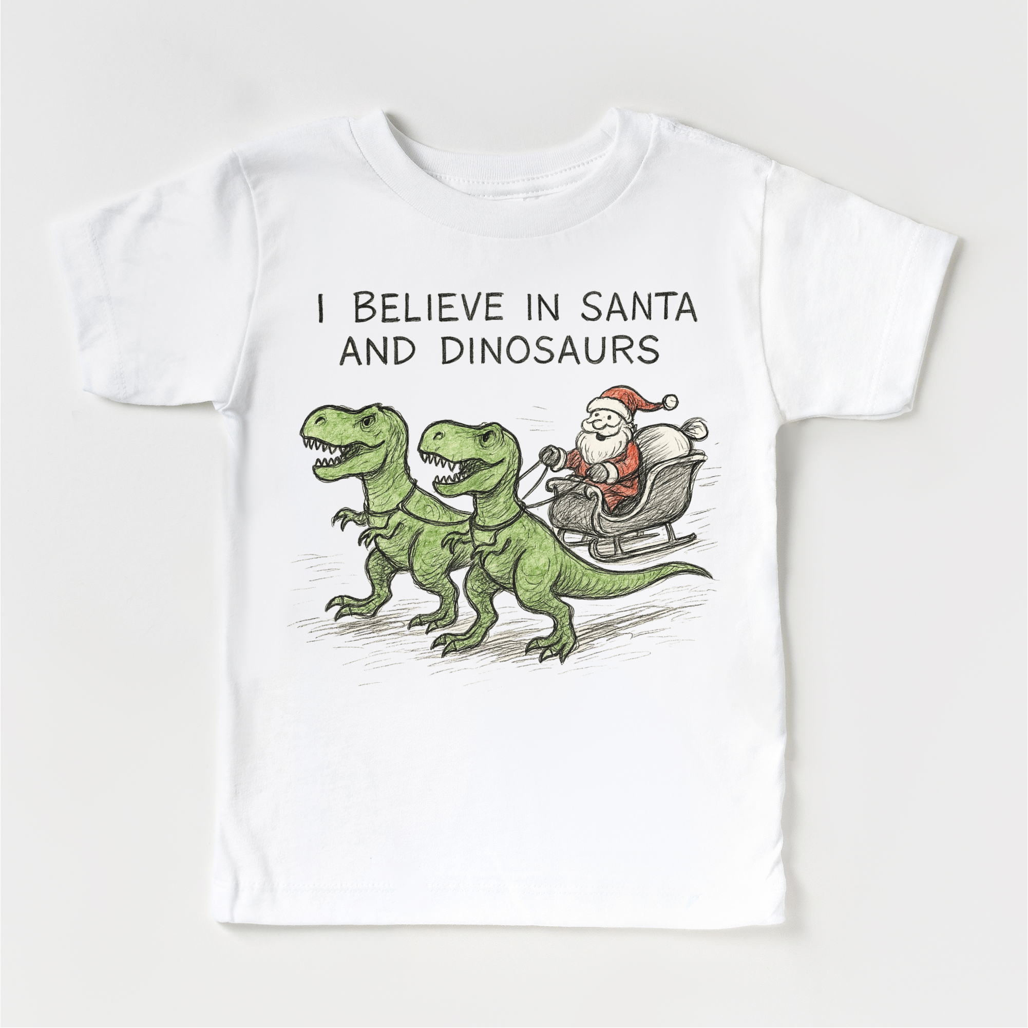 Madi Moosh - Wholesale Screen Printed T-Shirt - Kids - I Believe In Santa And Dinosaurs Christmas T-Shirt - Sketch Art Tee2