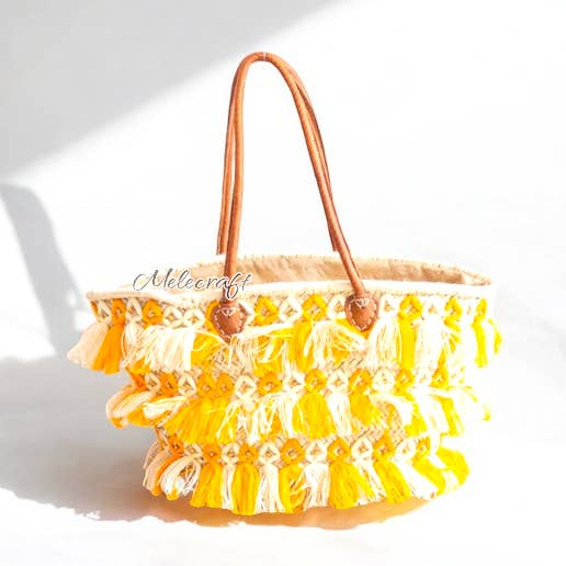 Handmade Moroccan Raphia Tote Bag with Leather Handles for wholesale by Melecraft