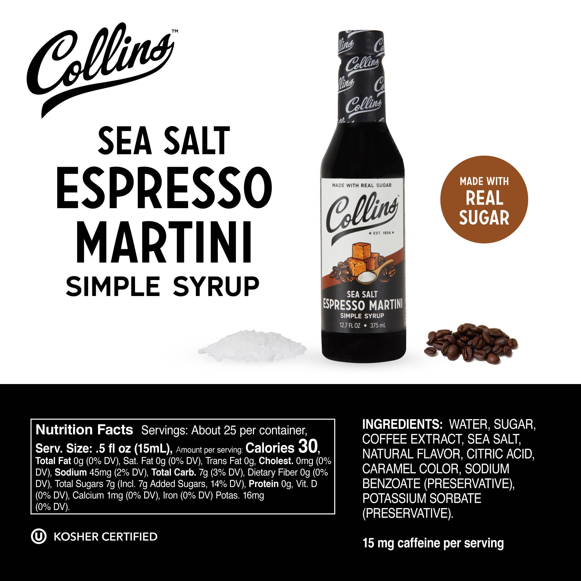 Collins - Wholesale Cocktail Mix/Syrup - Real Sugar Sea Salt Espresso Martini Simple Syrup 12.7 oz3