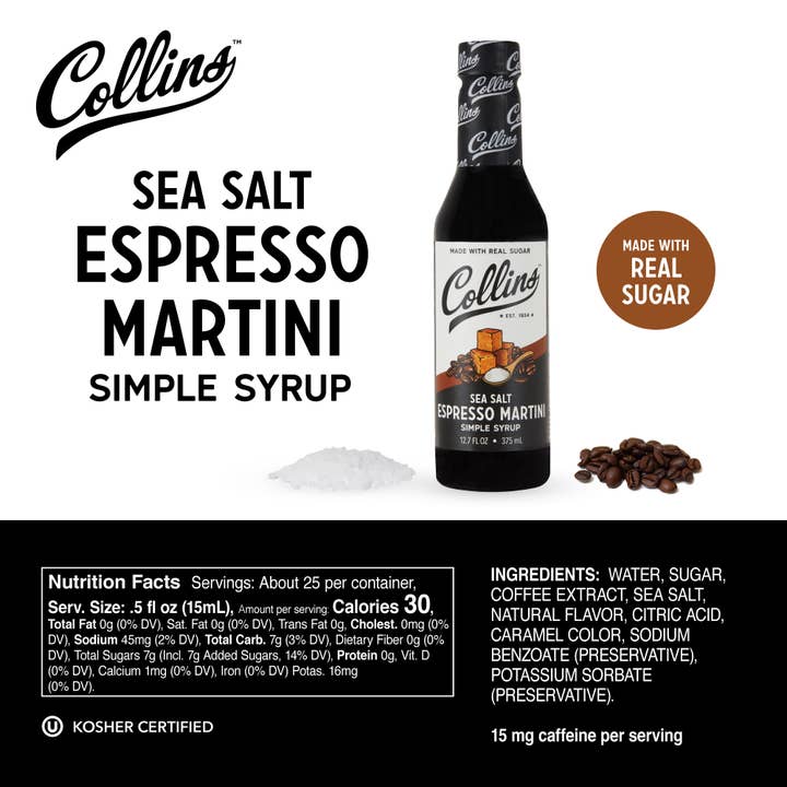 Collins - Wholesale Cocktail Mix/Syrup - Real Sugar Sea Salt Espresso Martini Simple Syrup 12.7 oz3