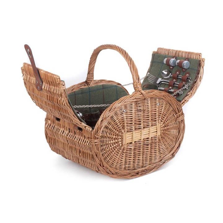 Panier pique-nique ovale en osier tressé vert pour 4 personnes pour la vente par Red Hamper