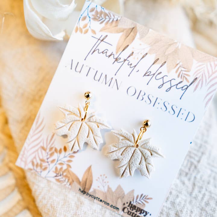 Happy Cutter Co - Wholesale Dangle Earrings - Elegant Cream Maple Leaf Earrings | Dainty Fall Earrings