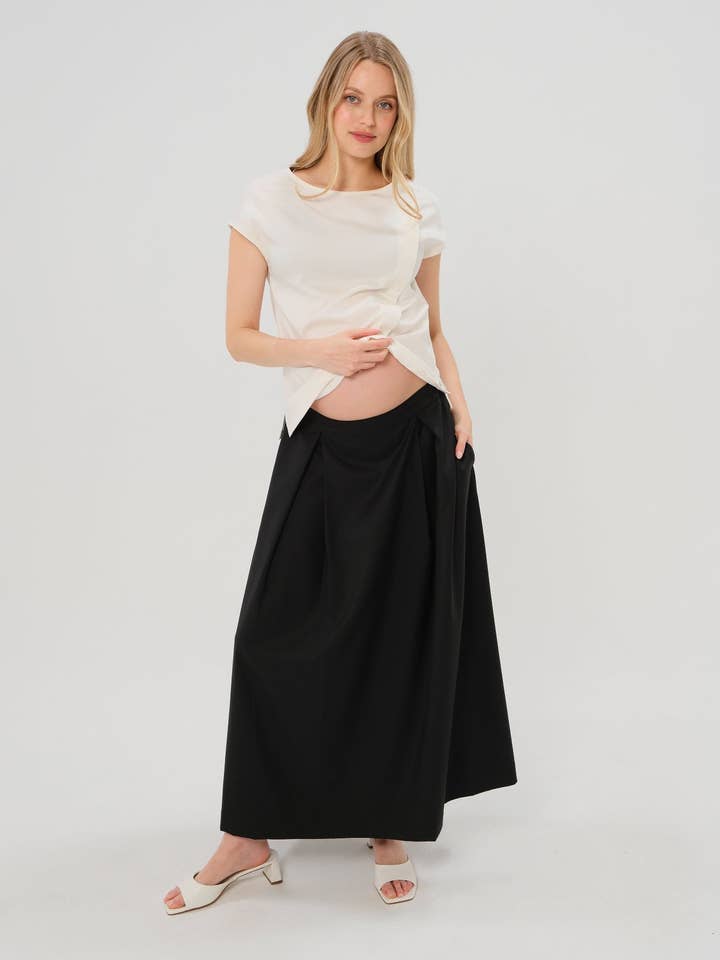 Falda Maxi de Maternidad Plisada con Sobrecapa en Mezcla de Lana para Todas las Estaciones para venta al por mayor de MARION