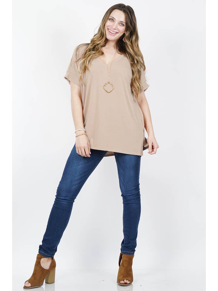 OLIVEMUSTARD `.Plus size V Neck Top w/ side-slit for wholesale on Faire30