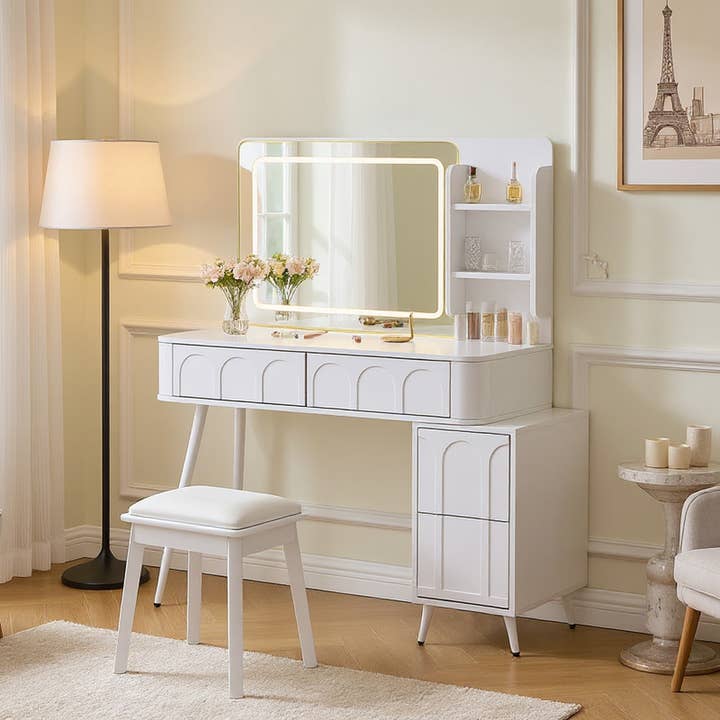 White Modern Makeup Vanity Desk with LED Lights & Mirror for wholesale on Faire8