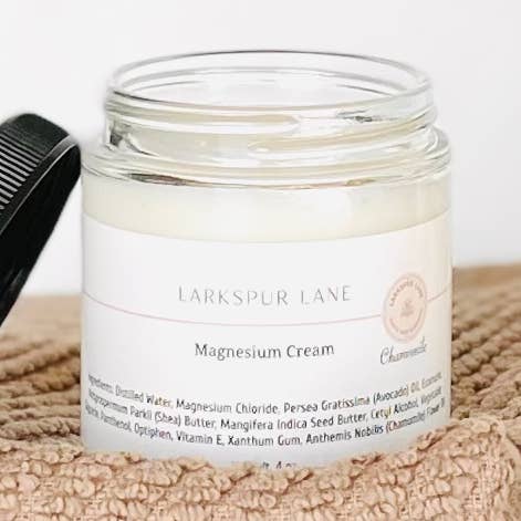 Magnesium Cream 4 oz Glass Jar for wholesale by Larkspur Lane Soaps & Sundries LLC