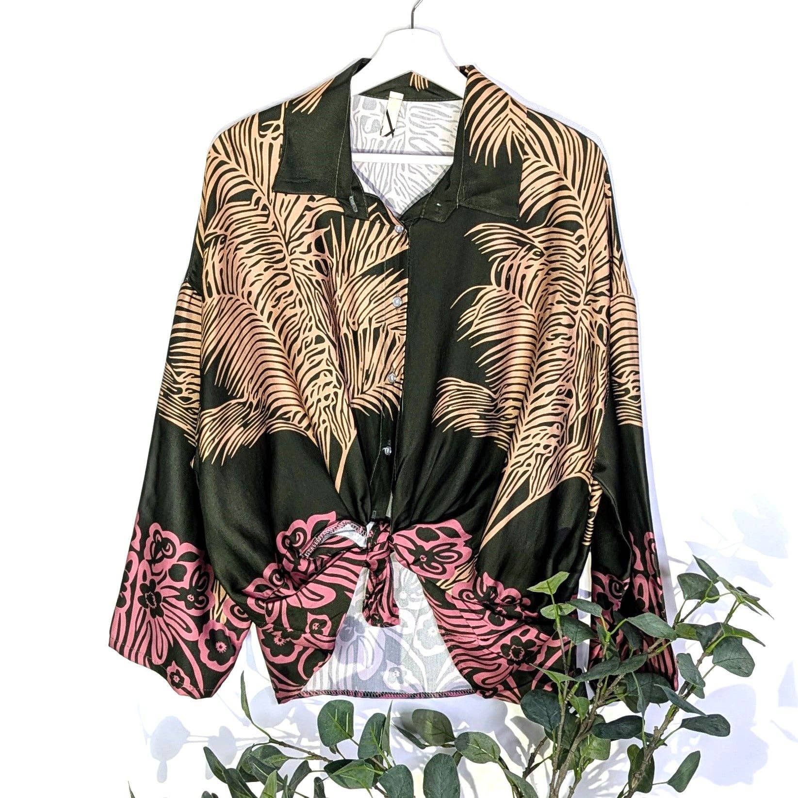 Tempest Designs - Wholesale Button Down Shirt - Women's - Viscose rayon mix palm print dressy satin shirt with border (M-L)4