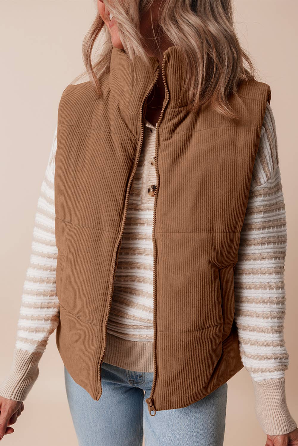 1 the Woman - Wholesale Outerwear Vest - Women's - Corduroy Stand Neck Zipped Puffer Vest3