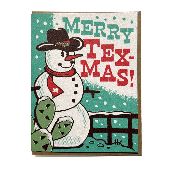 Merry Tex-Mas (Snowman) Greeting Card for wholesale by Bryan Spear Studio