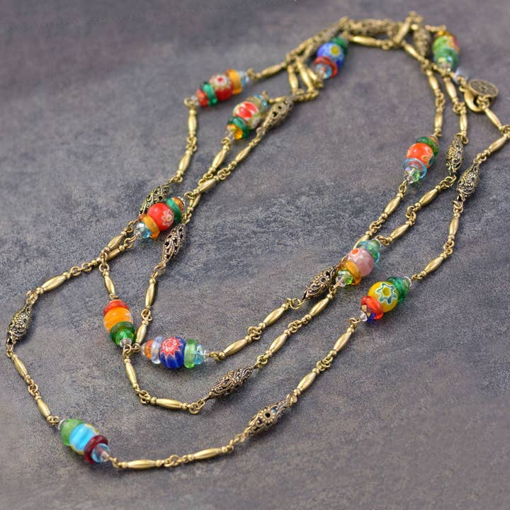 Long Millefiori Beads Chain Necklace for wholesale by Sweet Romance Jewelry