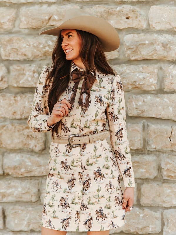 Cream Western Puff Sleeve Embroidered Bow Dress for wholesale by LUCKY & BLESSED