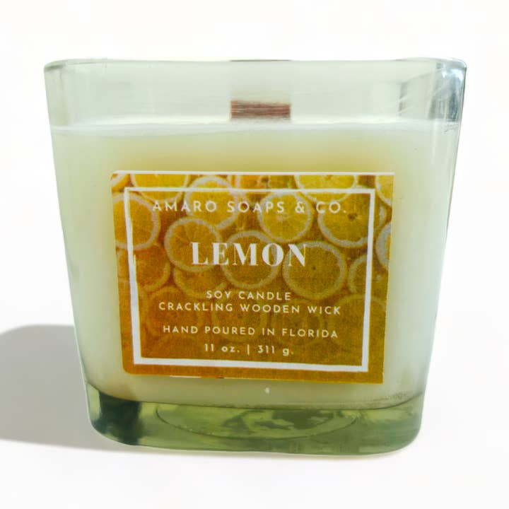 Lemon Wooden Wick Soy Candle for wholesale by Amaro Soaps & Co.