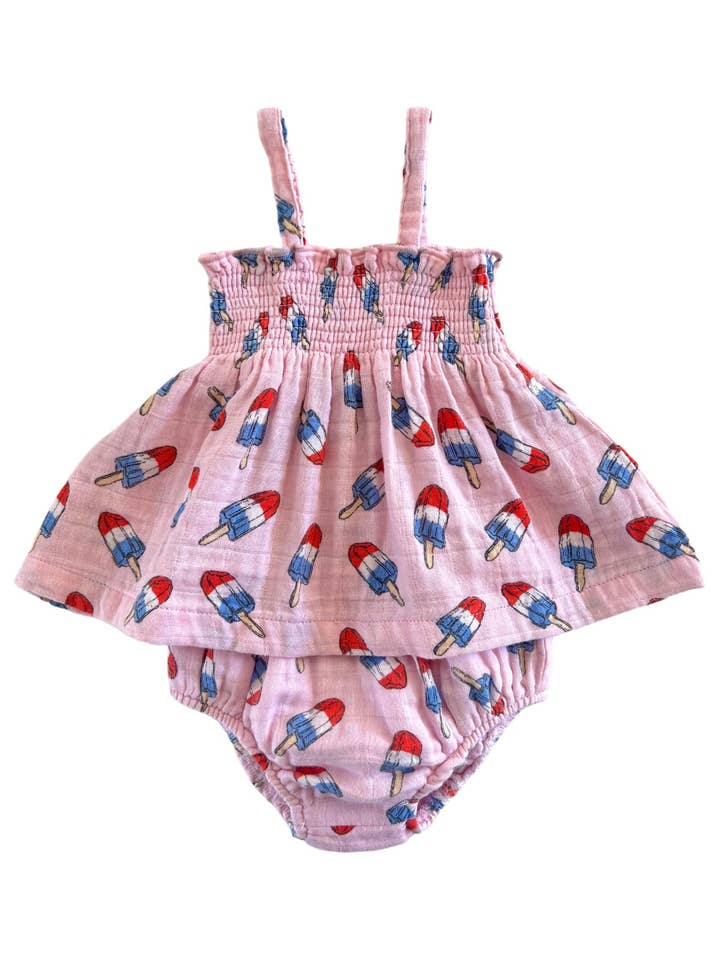 SpearmintLOVE – wholesale Clothing set – Baby – Muslin Smocked Top & Bloomer, Pink Red, White & Blue Popsicle2