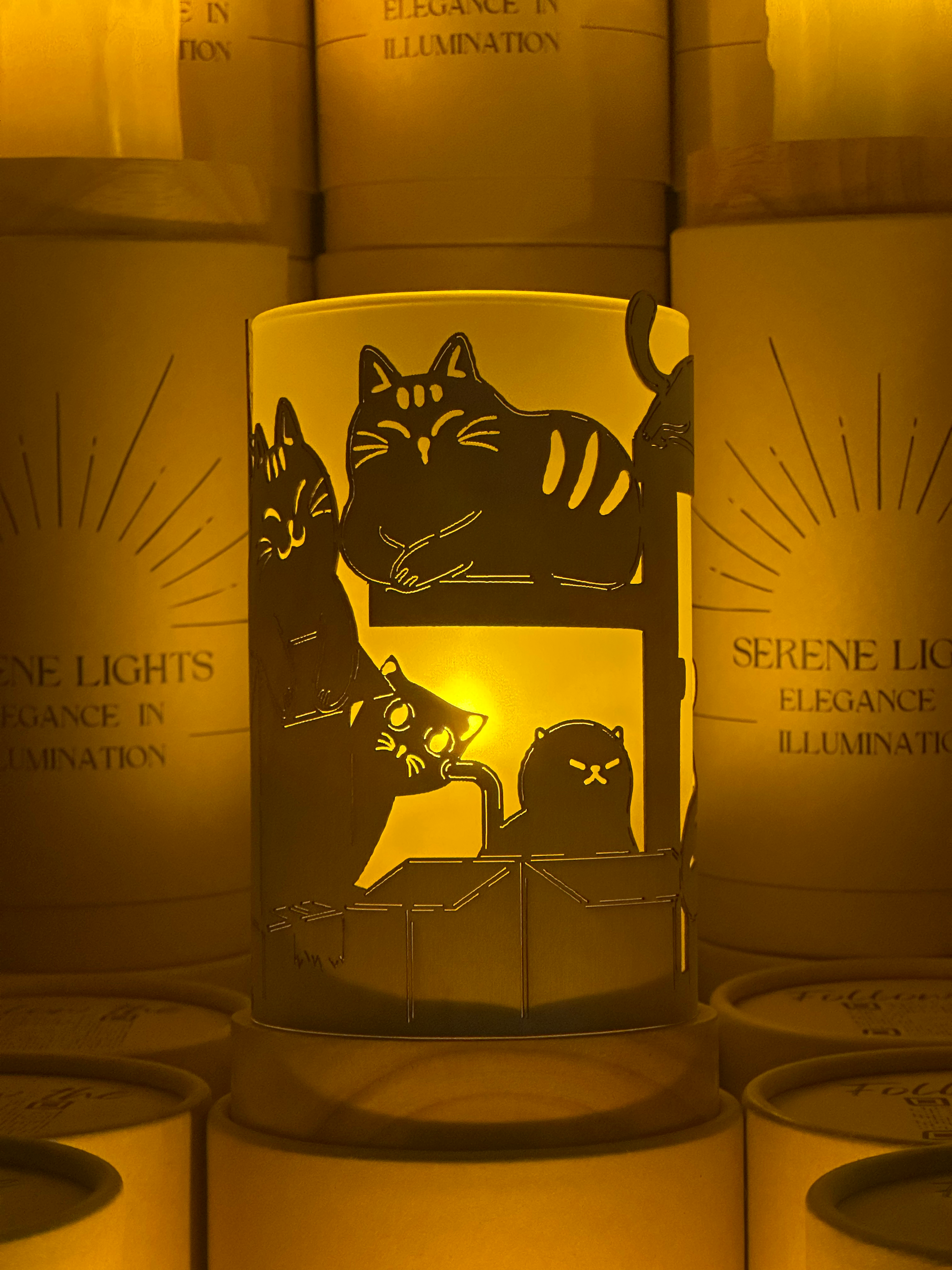 Serene Lights - Wholesale Flameless Candle - Cats & Boxes, Decorative Candle Holder – Laser Etched, Handmade Wood Veneer, Rechargeable LED Candle2