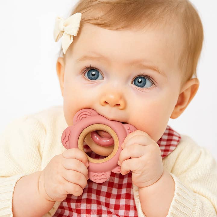 Giften Market - Wholesale Teether (Not Clip-On) - Baby - Pink Flower Silicone & Beechwood Baby Ring Teether - Blush1