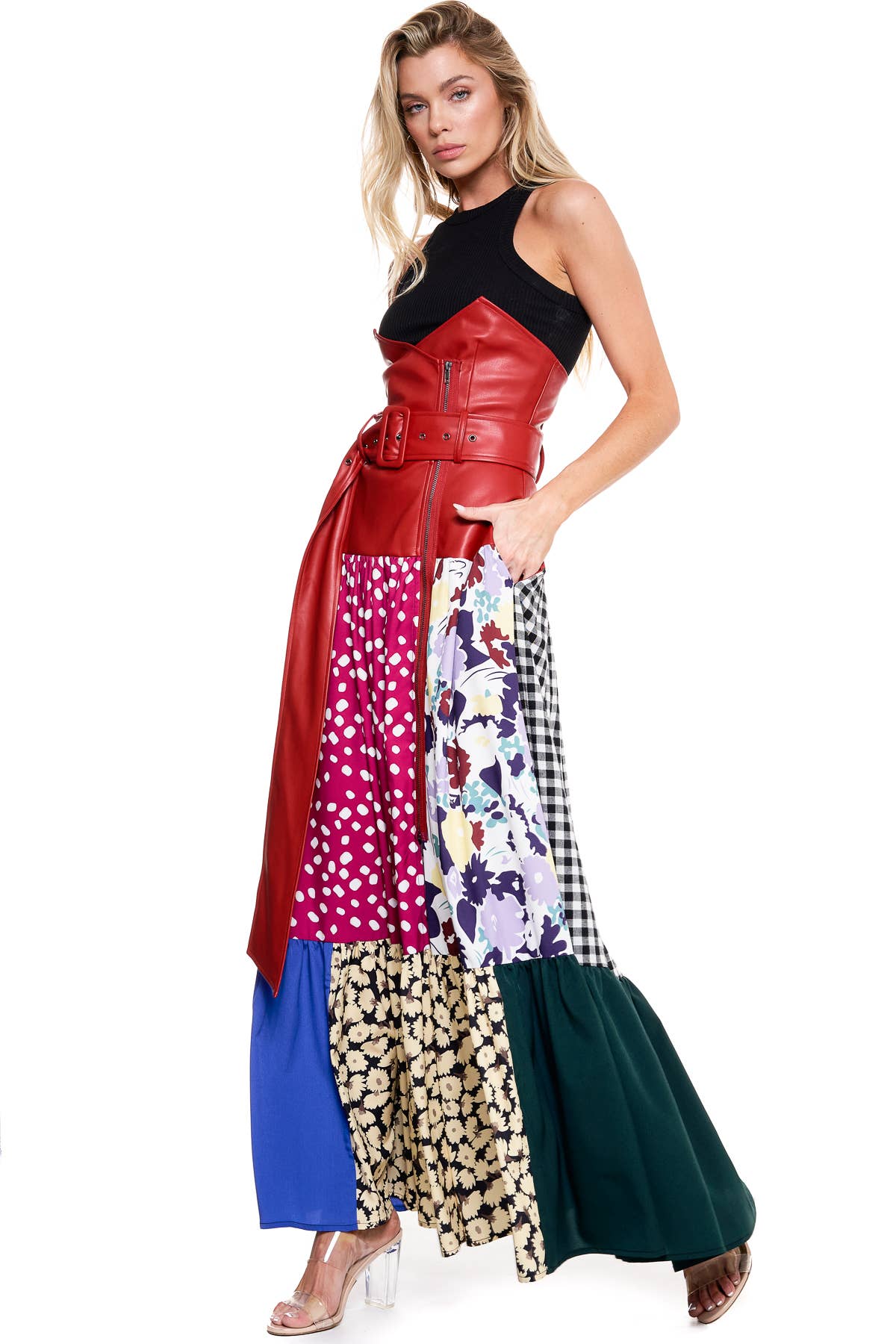 TOV - Wholesale Skirt - Women's - [SK4122-1] High Waist Vegan Leather Patch Printed Maxi Skirt3
