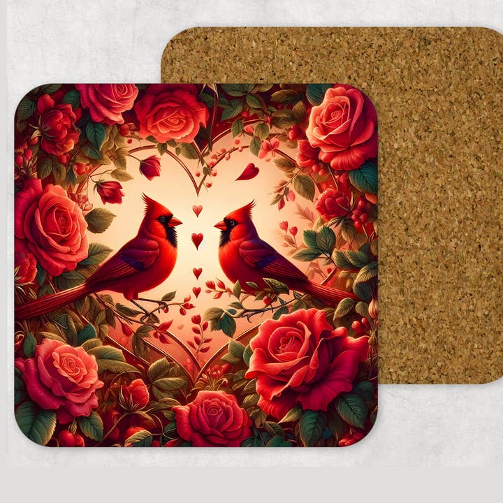 Valentines Cardinal Wooden Square Corked Backed Coaster for wholesale by simply creative