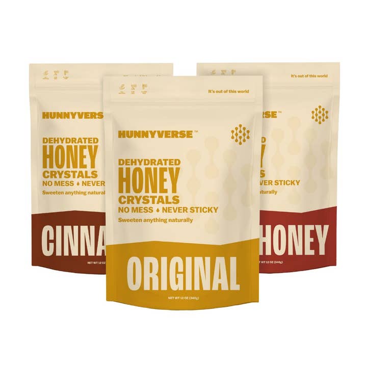 Mixed Case of 12 - Bulk Pouch(12oz) for wholesale by Hunnyverse Dehydrated Honey Crystals