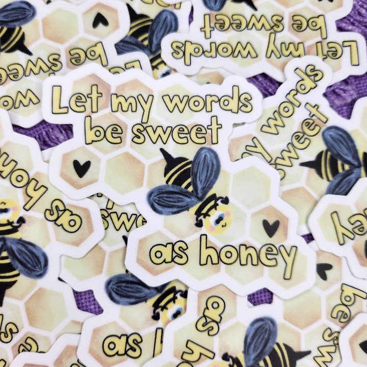 Pegatina Words Sweet As Honey Bee, pegatina Proverb 16 24, pegatina Christian Bee para venta al por mayor de Let Love Be My Motive Studio