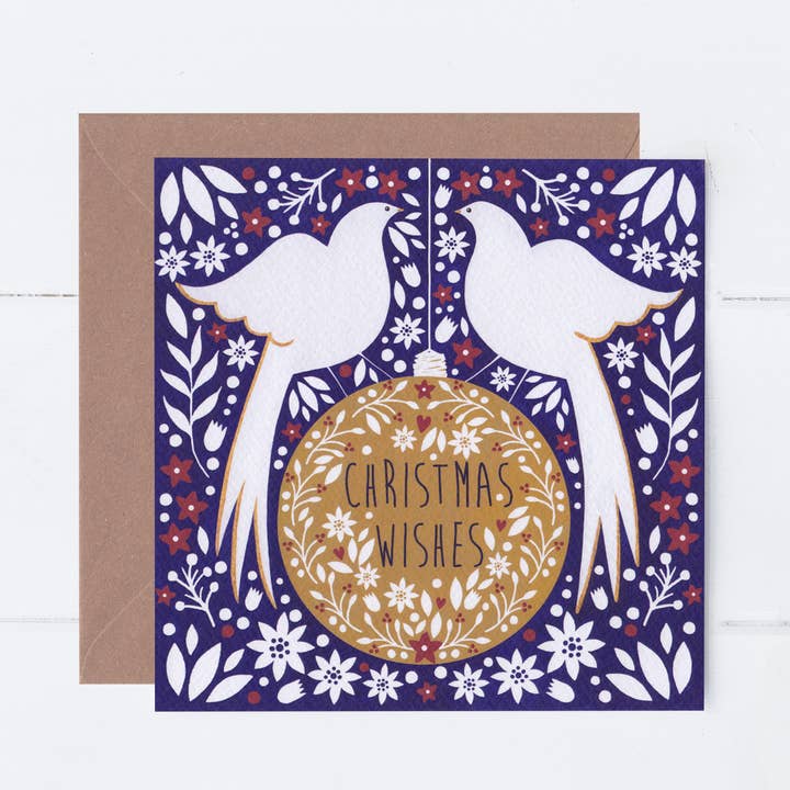 Doves On A Bauble Christmas Card for wholesale by Sian Summerhayes