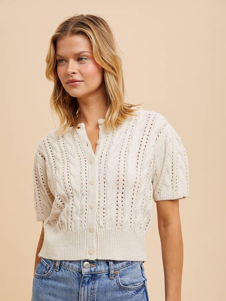 CABLE KNIT PUFF SLEEVE CARDIGAN for wholesale by In Loom