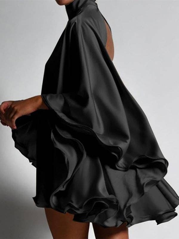 UZ Wholesale Store - Wholesale Dress - Women's - Solid Color High-Neck Backless Flared Sleeves Mini Dress0