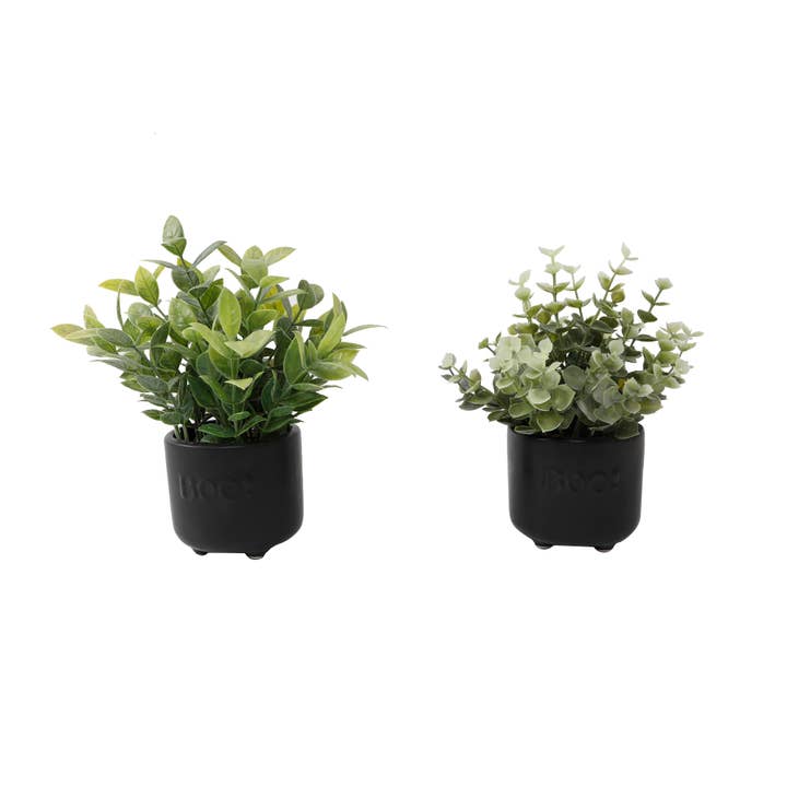 Conjunto de 2 Mini Vasos de Cerâmica Pretos com Plantas Artificiais por atacado de Flora Bunda Inc
