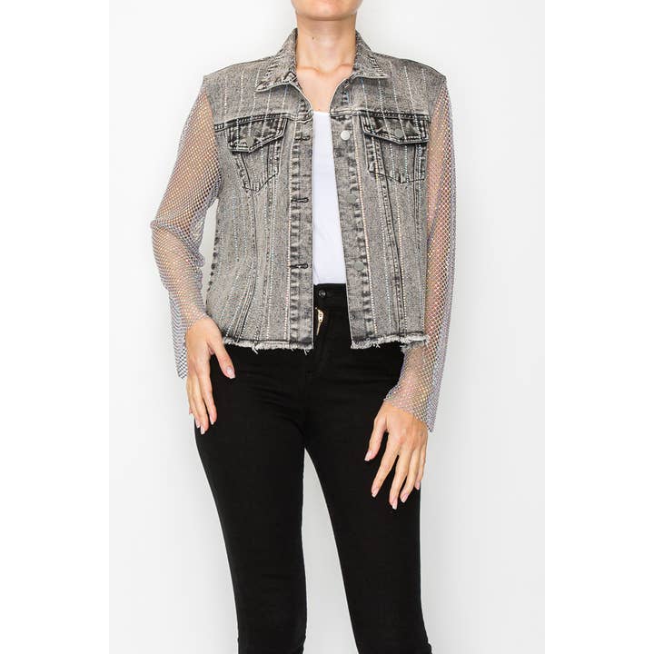 Statement denimjacka med glittriga detaljer och nätärmar - 4777 SW BK för wholesale av Origami Apparel ~ Lace and Crochet inspired