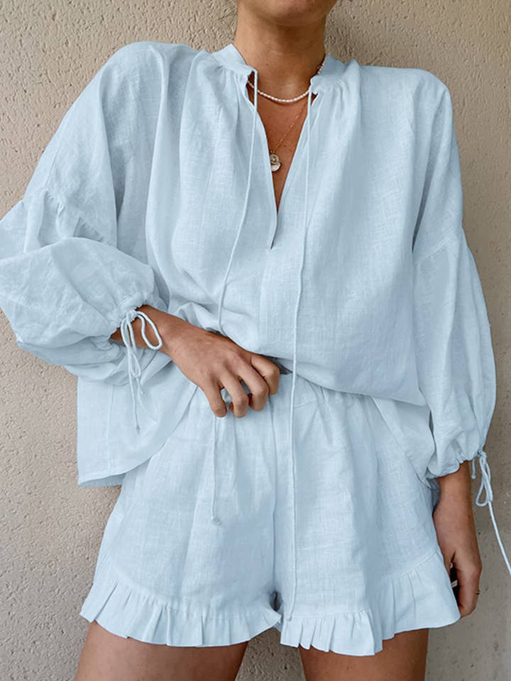 Lily Clothing - Wholesale Top & Short Set (NOT Loungewear) - Women's - Solid color V-neck top shorts cotton linen suit