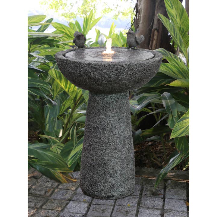 27" H Natural Finish Bird Bath Fountain Outdoor with WW LED for wholesale by Hi-Line Gift Ltd.