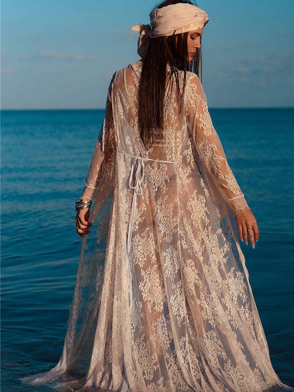 WHITE Pretty Long Lace Maxi Beach Dress Cover-up for wholesale on Faire1