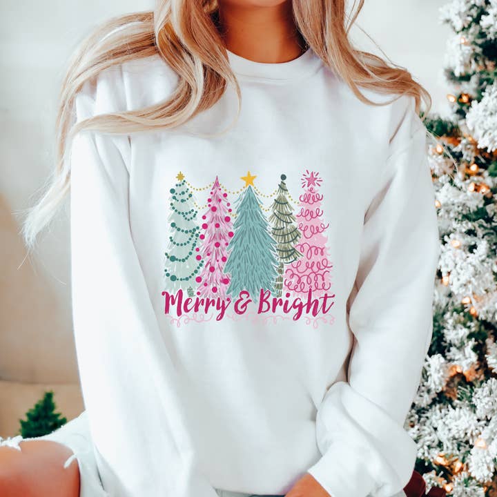 Merry & Bright Cute Christmas Tree Women's Sweatshirt for wholesale by Trendznmore - Modern Graphic Apparel