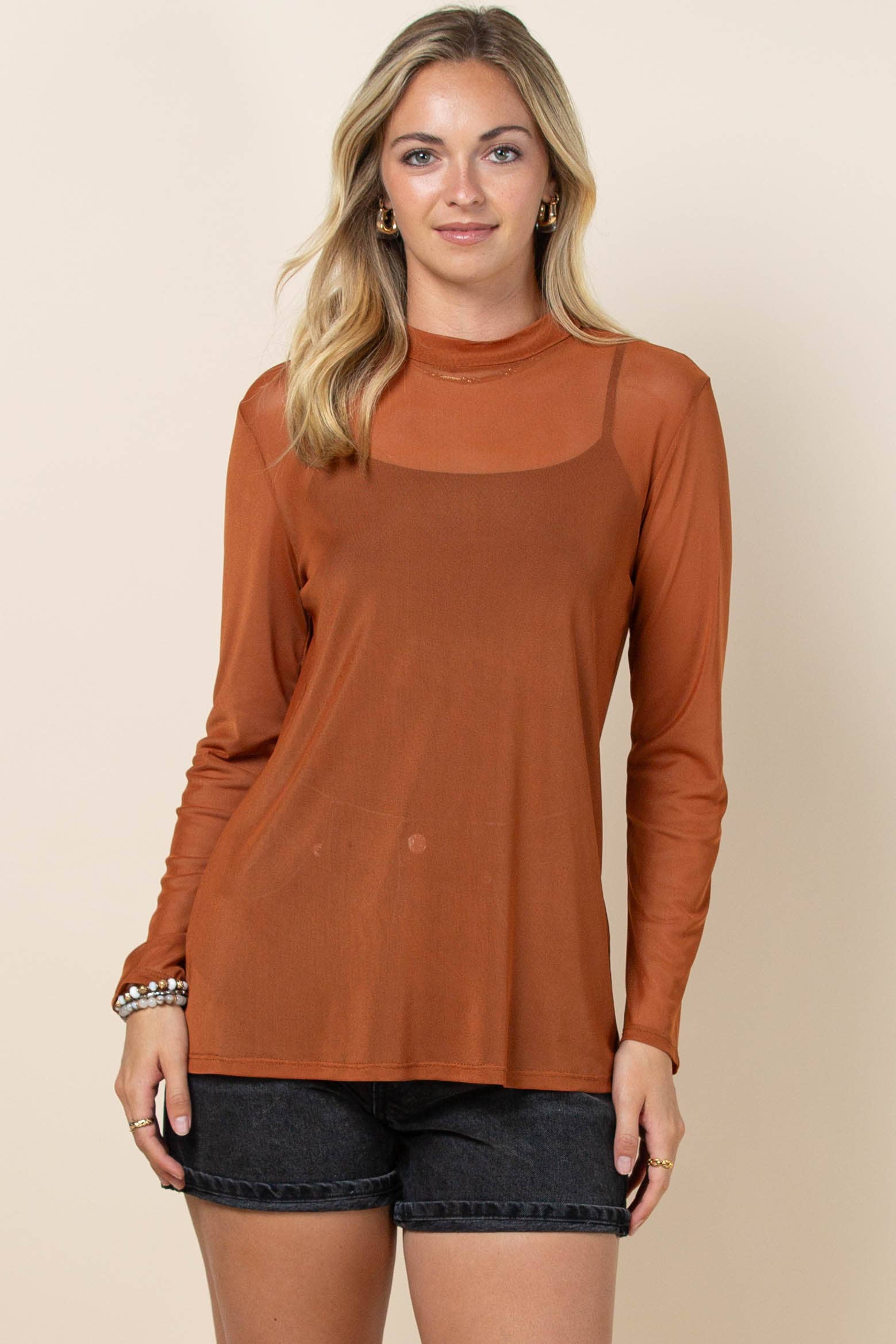 Cinnamon AV1230-CHASE SOLID SEMI SHEER MESH TOP for wholesale on Faire1