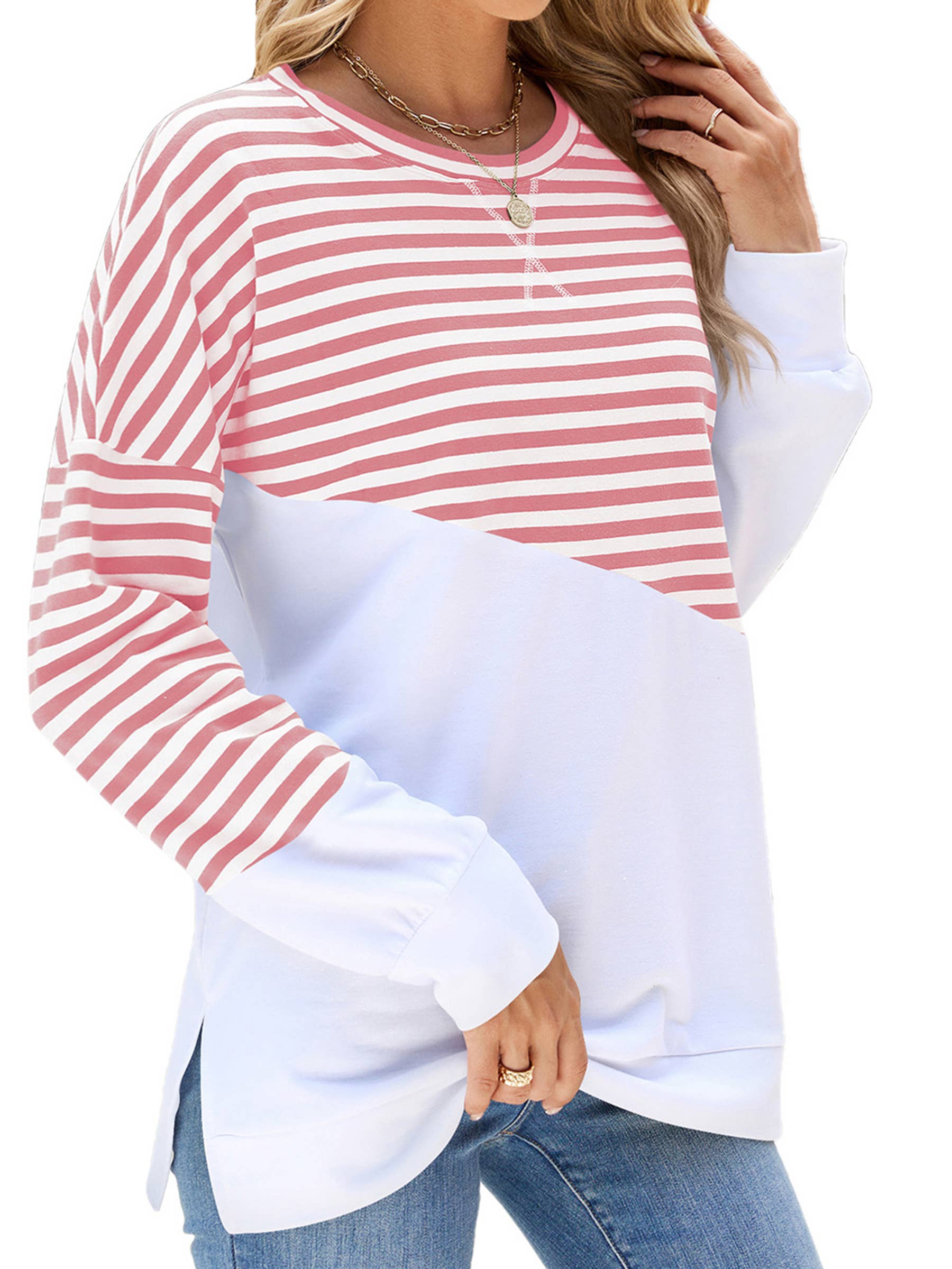 Wholesalesir - Wholesale Hoodie - Women's - Solid Round Neck Contrasting Striped Long Sleeved Hoodie4