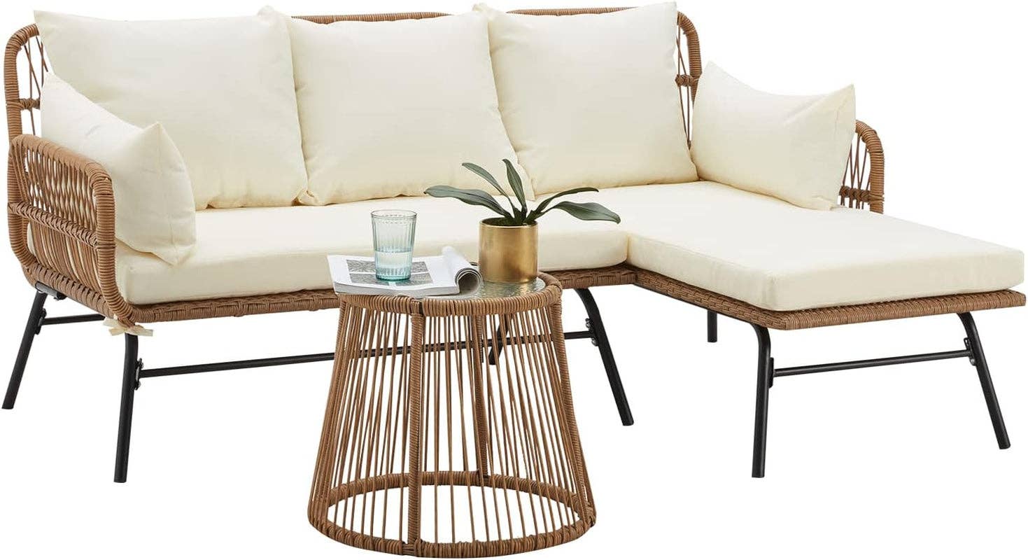 White L Shaped Patio Furniture Set with Thick Cushions for wholesale on Faire0