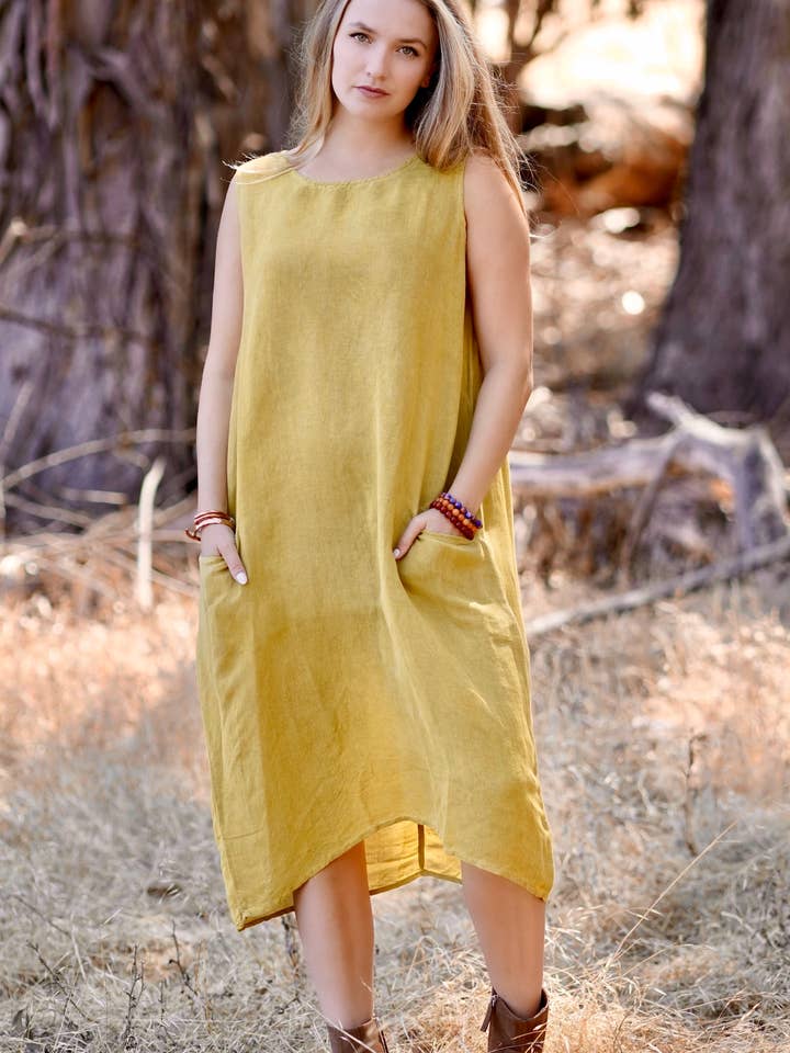 Anita Linen Kjole sennep for engroshandel hos Dolma