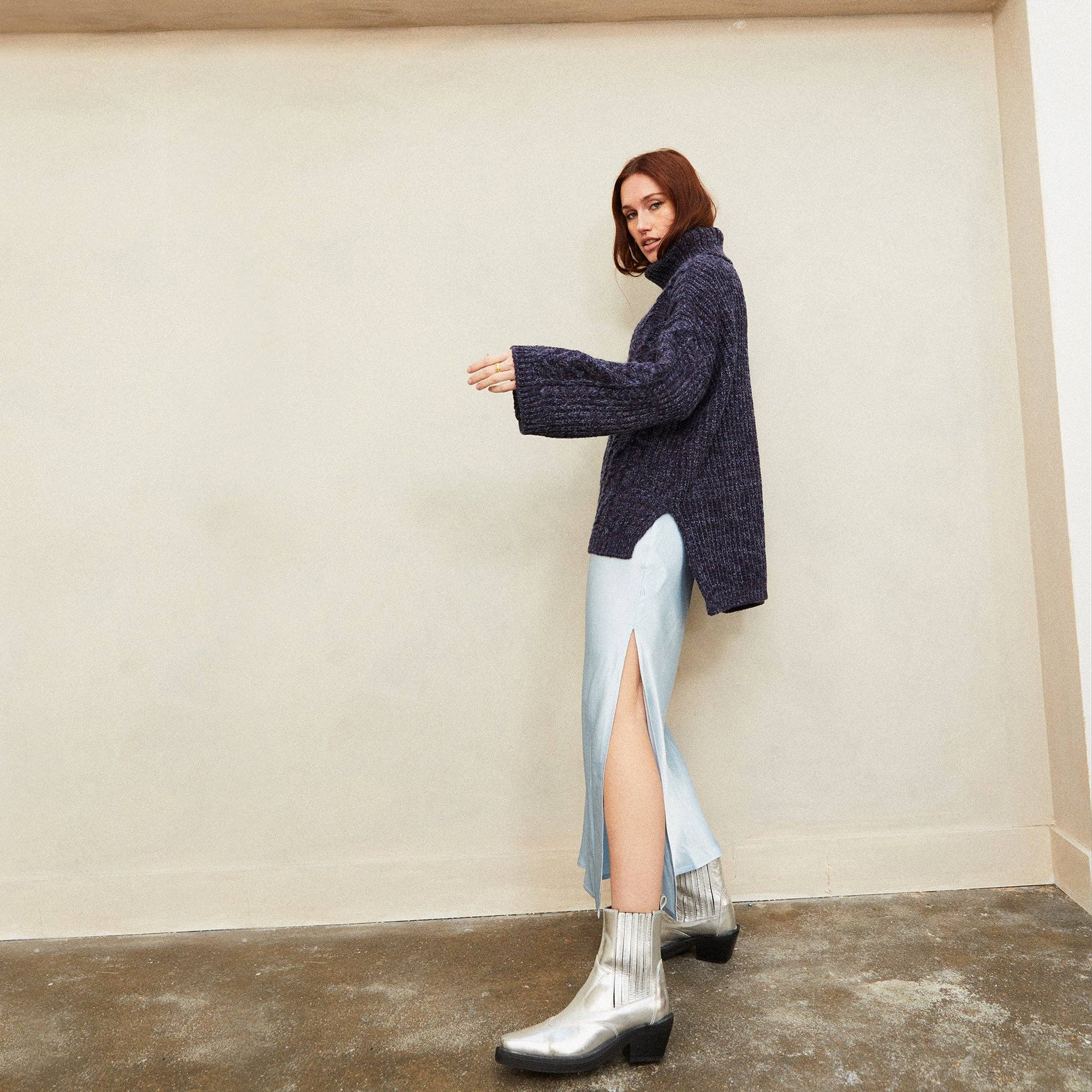 Cara & The Sky - Wholesale Knit Sweater - Women's - Emily Cable Roll Neck Tunic Jumper - Navy Blue7