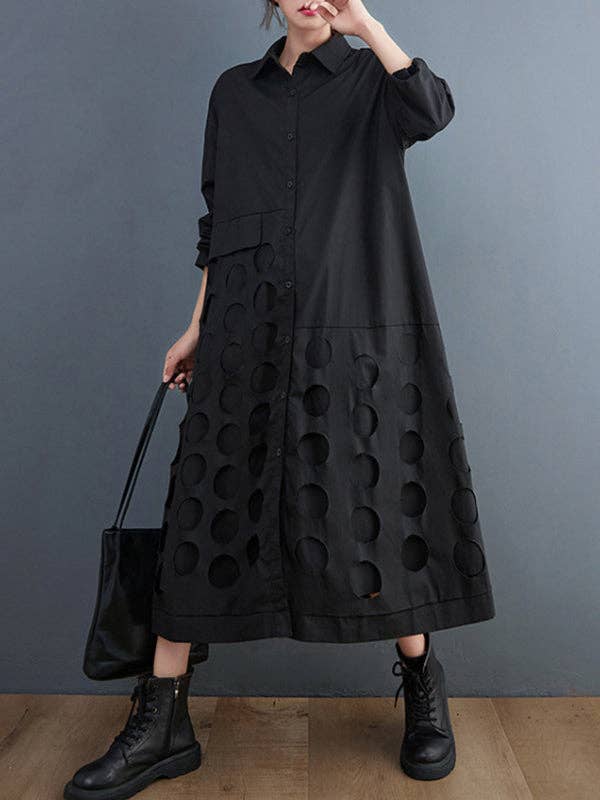 StyleGalX - Vente Robe – femme - Robe midi à manches longues, coupe évasée, col à revers, asymétrique avec pois ajourés unis12
