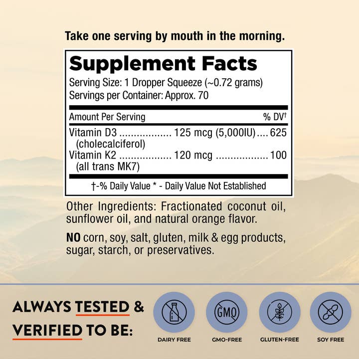 Mt. Angel Vitamins - Wholesale Oral Supplement/Vitamin - Mt. Angel Vitamins' Everyday Liquid Sunshine D3+K2 - 2 fl oz1