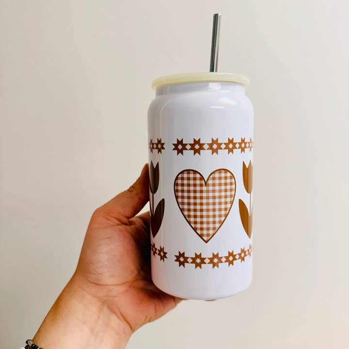 Tasse en acier inoxydable de 16 oz, motif cœurs et tulipes des années 90 pour la vente par Sonny Rising