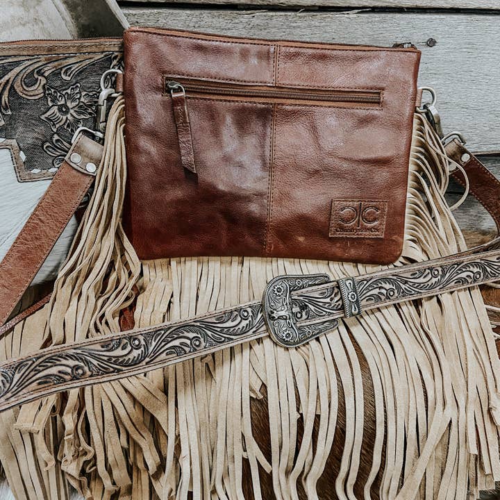 Texas Western Cowhide Bags and More - Wholesale Crossbody Bag - Women's - Fort Worth Tooled Leather Cowhide Crossbody, Shoulder Bag
