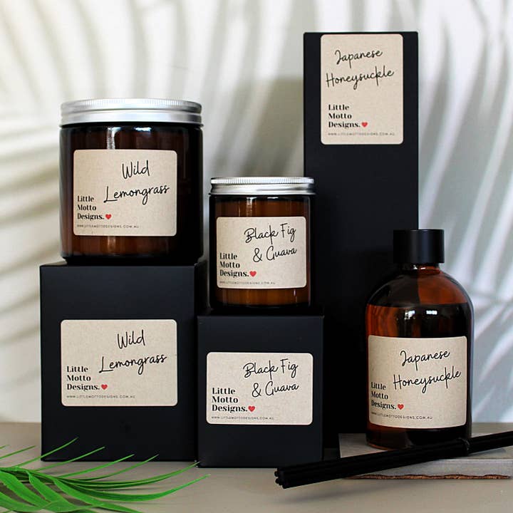 Little Motto Designs - Wholesale Jar/Filled Candle - 14 FRAGRANCES | 2 SIZES | Amber Boxed Candle Jar