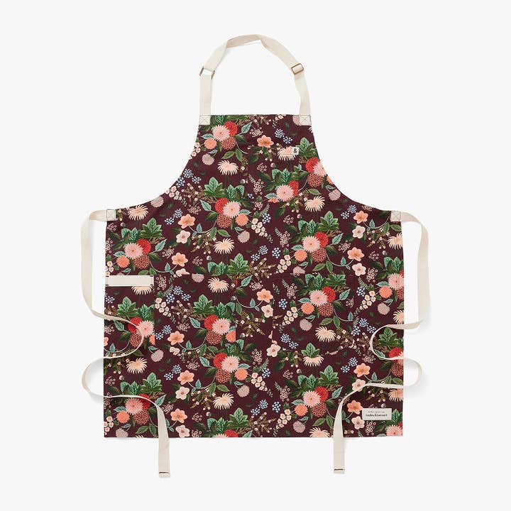 The Limited Edition Essential Apron - Rifle Paper Co. Burgundy Dahlia for wholesale by Hedley & Bennett