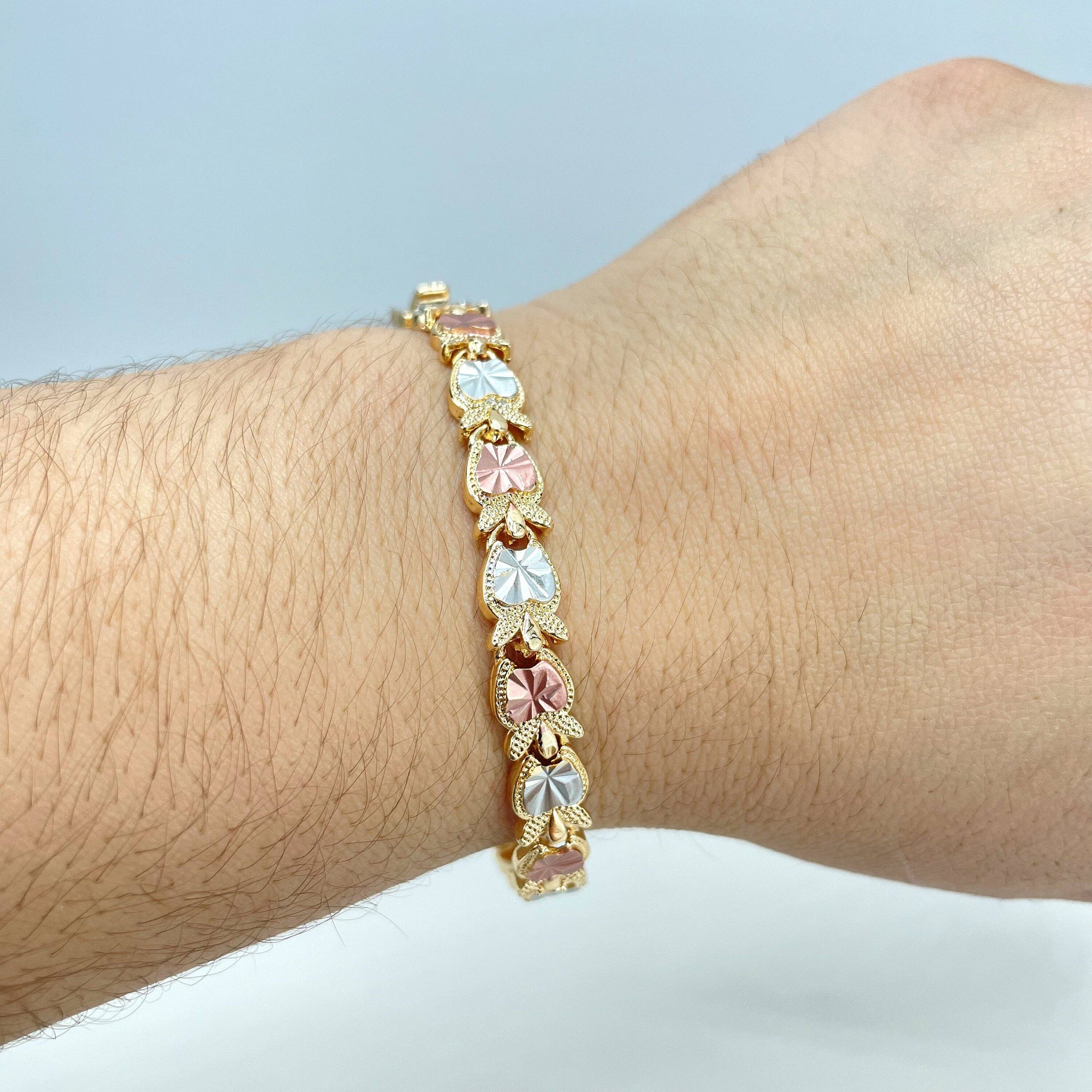 DIJU Jewelry - Wholesale Link & Chain Bracelet - 18k Gold Filled Tri-Tone Apple Heart Shape Linked Chain Bracelet, Tri-Color Bracelet, Wholesale Jewelry Making Supplies3