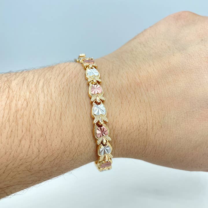 DIJU Jewelry - Wholesale Link & Chain Bracelet - 18k Gold Filled Tri-Tone Apple Heart Shape Linked Chain Bracelet, Tri-Color Bracelet, Wholesale Jewelry Making Supplies3