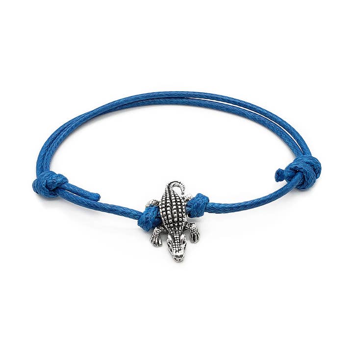 Gator Charm Bracelet, Silver Alligator, Blue String Bracelet for wholesale by O Yeah Gifts
