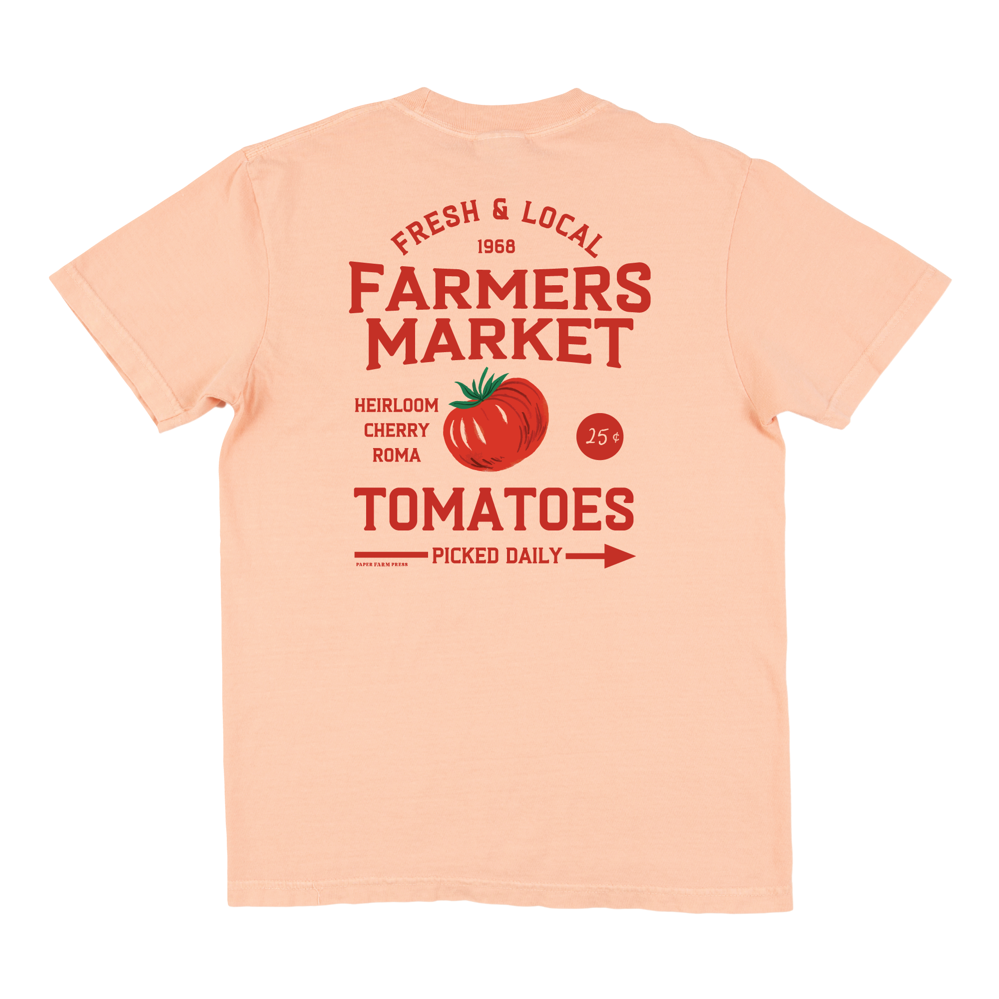 Paper Farm Press - Wholesale Screen Printed T-Shirt - Women's - Tomato Farmers Market Tee - Peachy Pink2