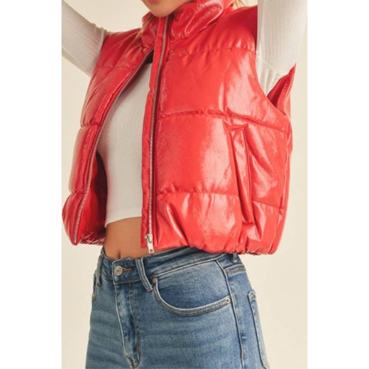 Timeless - Wholesale Outerwear Vest - Women's - FAUX PATENT PU HIGH NECK ZIP UP PUFFER VEST2